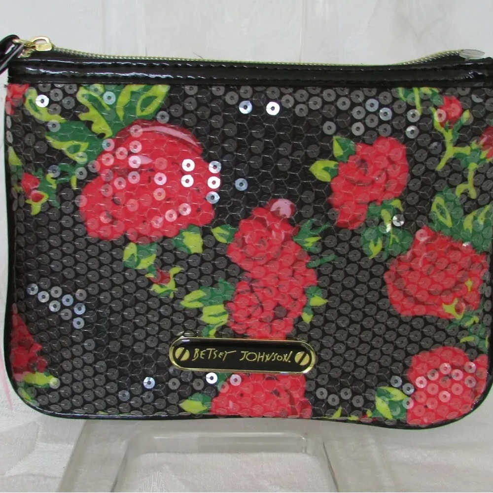 Betsey Johnson Wristlet Floral Sequin Bag Black Clutch